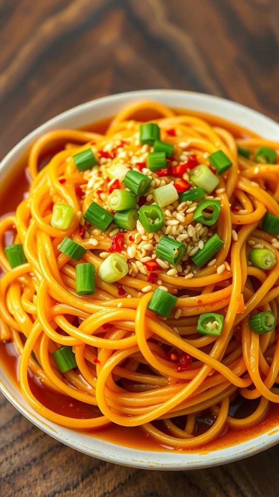 A plate of spicy garlic noodles garnished with green onions and sesame seeds on a wooden table.